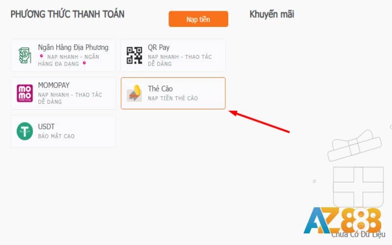 Chọn phương thức nạp tiền bằng thẻ cào