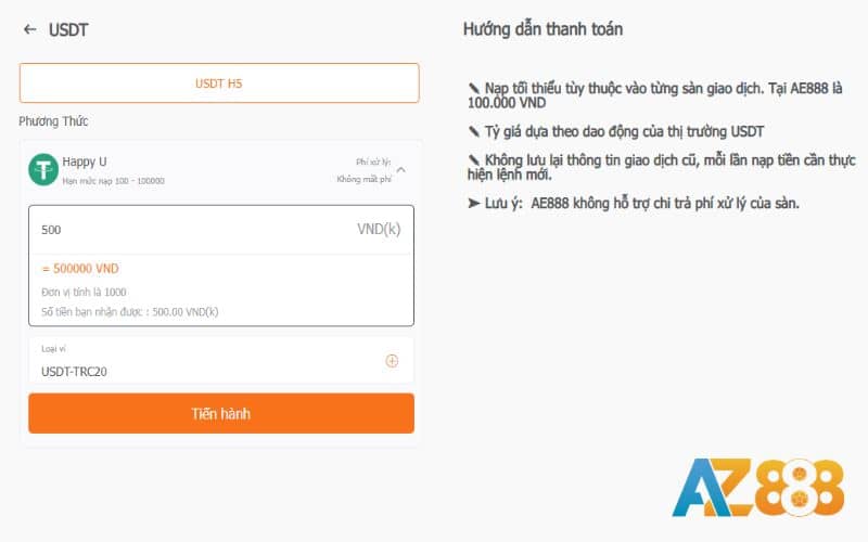 Điền số tiền cần nạp và tiến hành giao dịch nạp tiền